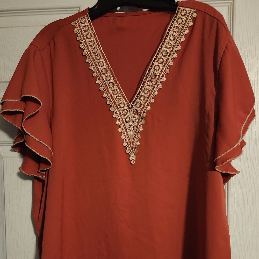 Salmon color dress top with V neck and lace accent - 3XL
